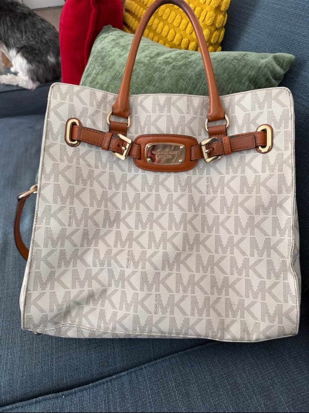 Michael Kors Beige MK Logo Tote with Brown Leather Trim